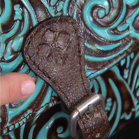 Patricia Nash Rosolini Tooled Leather Saddle Bag Turquoise Brown Crossbody Boho - Picture 7 of 16